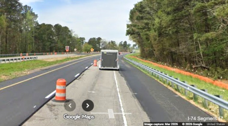 Image of paving operations along US 74 (Future I-74) West in 
	  Robeson County, Google Maps Street View, March 2026