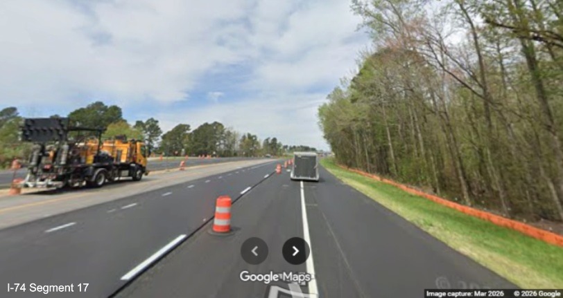 Image of paving operations along US 74 (Future I-74) West in 
	  Robeson County, Google Maps Street View, March 2026