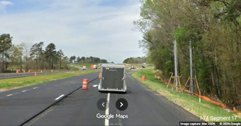Image of supports for future NC 130/NC 72 exit sign on US 74 (Future I-74) West 
	  in Robeson County, Google Maps Street View, March 2026