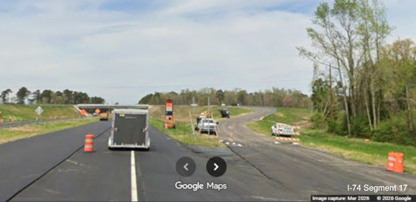 Image of supports for future NC 130/NC 72 exit gore sign on US 74 (Future I-74) 
	  West in Robeson County, Google Maps Street View, March 2026