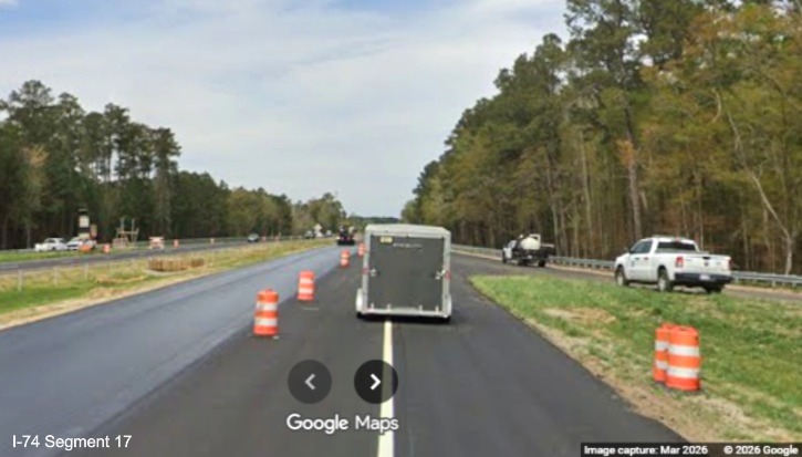 Image of left lane paving work continuing approaching the future NC 130/NC 72 
	  exit off-ramp on US 74 (Future I-74) West in Robeson County, Google Maps Street View, March 2026