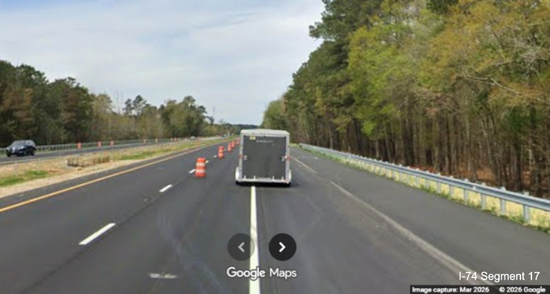 Image of final paving completed after the future NC 130/NC 72 exit 
	  on US 74 (Future I-74) West in Robeson County, Google Maps Street View, March 2026
