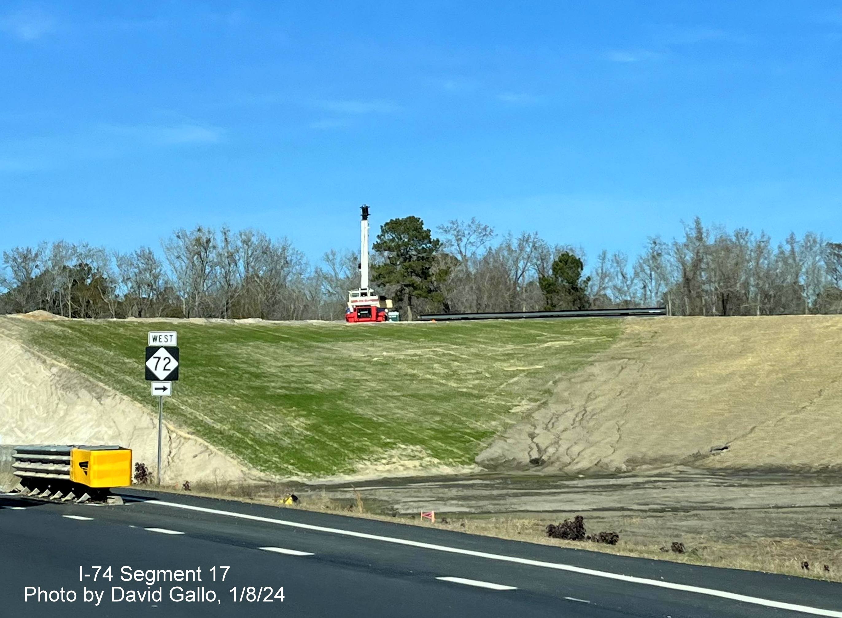 Image of construction at current NC 72 West intersection from US 74 (Future I-74) West in Robeson County, by David Gallo, 
       January 2024
