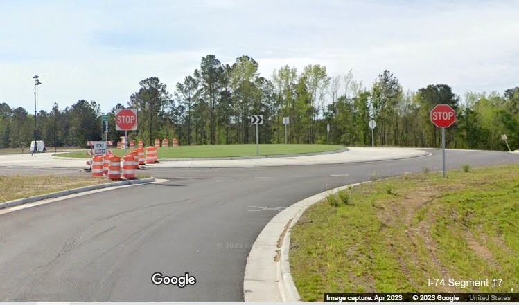 Image of driving completed exit ramp to Old Boardman Road on US 74/NC 130 East, Google Maps 
        Street View image, April 2023