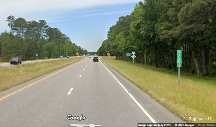 Image of future interchange site at the current intersection of US 74 East and NC 72 in Robeson 
        County, Google Maps Street View, April 2023