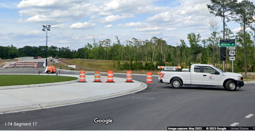 Image of future ramp to US 74/NC 130 East in Boardman, Google Maps 
        Street View image, April 2023