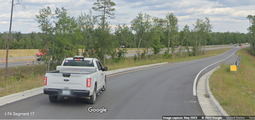 Image of future on-ramp to US 74/NC 130 East in Boardman, Google Maps 
        Street View image, April 2023