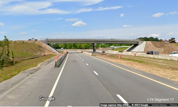 Image of nearly completed bridge over US 74/NC 130 East in Boardman, Google Maps 
        Street View image, April 2023