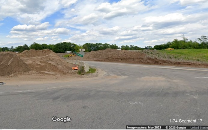 Image of Old Boardman Road intersection with US 74/NC 130 West to be replaced by an on-ramp
        currently under construction, Google Maps Street View image, April 2023
