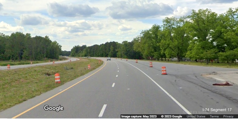 Image of future on-ramp from Old Boardman Road merging with US 74/NC 130 West, Google Maps 
        Street View image, April 2023