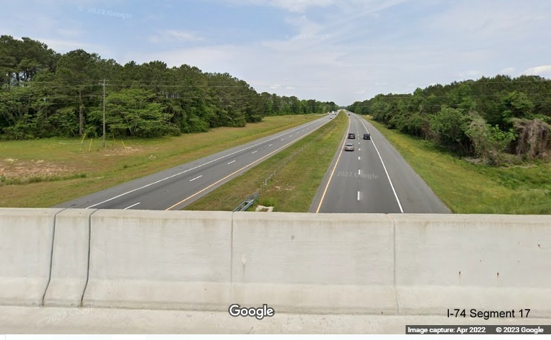 Image of interstate standard US 74 (Future I-74) lanes from Broadridge Road bridge in Robeson
        County, Google Maps Street View, April 2022