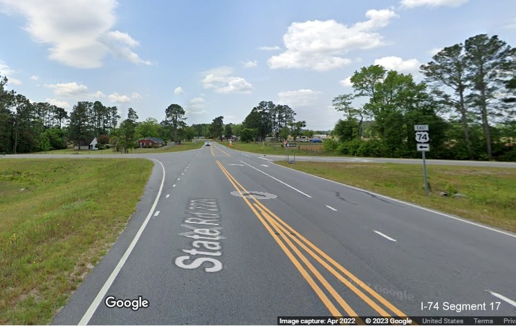 Image of East US 74 trailblazer on Broadridge Road in Robeson County, Google Maps Street View, April 2022