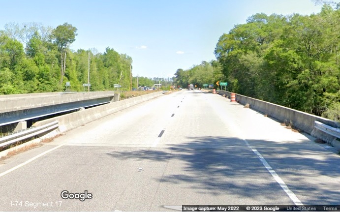 Image of first of three Lumber River bridges on US 74(Future I-74) East in Robeson 
        County, Google Maps Street View, May 2022