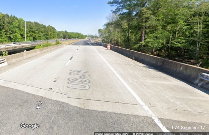 Image of the third of three bridges over the Lumber River on US 74 East in Robeson 
        County, Google Maps Street View, May 2022