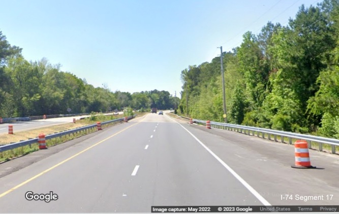 Image of the first of three bridges over the Lumber River on US 74 (Future I-74) West in Boardman, 
        Google Maps Street View, May 2022