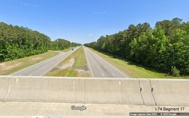 Image of interstate standard US 74 (Future I-74) highway from NC 242 bridge in 
        Columbus County, Google Maps Street View image, May 2022