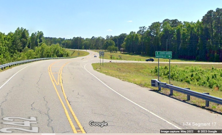 Image of East US 74 trailblazer at ramp to Future I-74 East in 
        Columbus County, Google Maps Street View image, May 2022