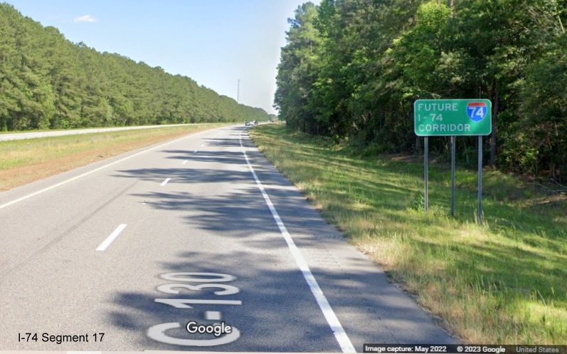 Image of Future I-74 Corridor sign on US 74 East after NC 242 exit in 
        Columbus County, Google Maps Street View image, May 2022