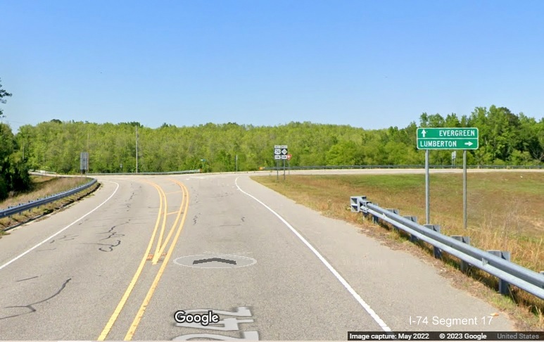 Image of West US 74 trailblazer on NC 242 North in 
        Columbus County, Google Maps Street View image, May 2022