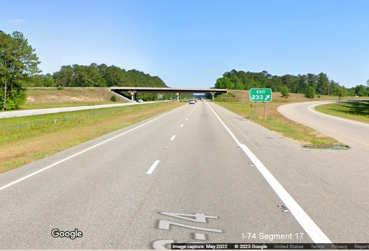 Image of gore sign for NC 410/Business 74/NC 130 East exit on US 74 (Future 
        I-74) East in Columbus County, Google Maps Street View image, May 2022