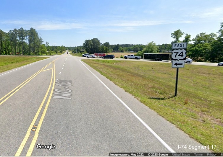 Image of East US 74 trailblazer approaching on-ramp on NC 410 South in Columbus County, Google Maps Street View image, May 2022