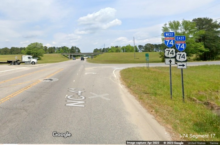 Image of I-74 and US 74 trailblazers approaching the eastbound ramp on NC 41 North, 
        Google Maps Street View April 2022