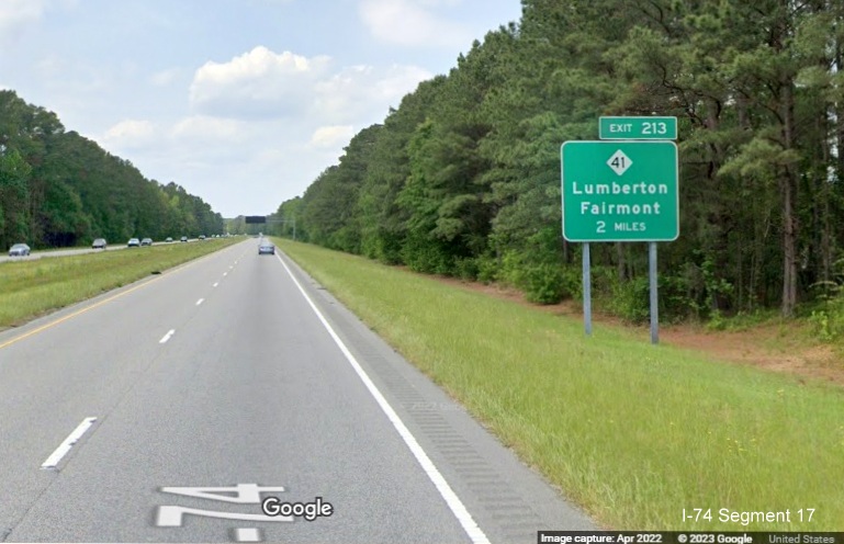 Image of 2 miles advance sign for NC 41 exit on US 74 (Future I-74) West in Robeson County, 
        Google Maps Street View April 2022