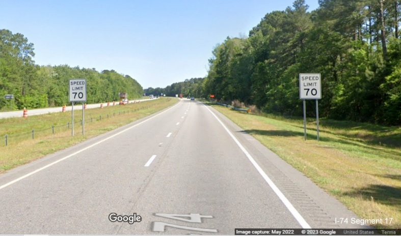 Image of 2 Speed Limit 70 signs as freeway resumes after Boardman interchange construction zone 
       on US 74 (Future I-74) East in Columbus County, Google Maps Street View image, May 2022