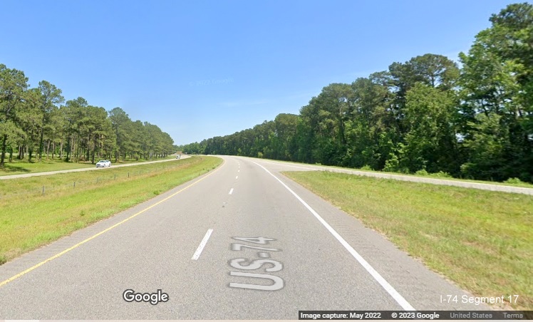 Image of US 74 (Future I-74) East merging with US 76 East near Whiteville in Columbus County, 
        Google Maps Street View image, May 2022