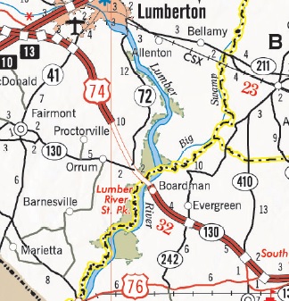 Section of NCDOT 2017-2018 State Transportation Map showing I-74 Segment 17, US 74 between Lumberton and Whiteville