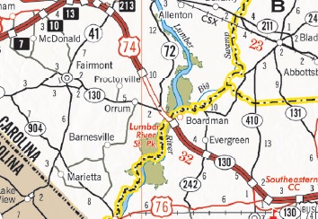 Part of NCDOT 2023-24 State Transportation Map showing US 74 in area of I-74 Segment 17, July 2023