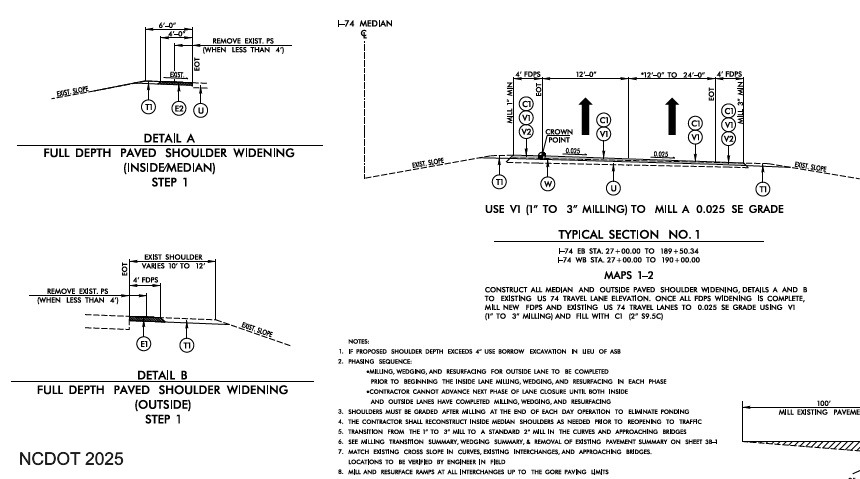 Image of sign plan for shoulder widening on US 74 (Future I-74) in Maxton,  
        NCDOT STIP Project HI-0017, May 2025