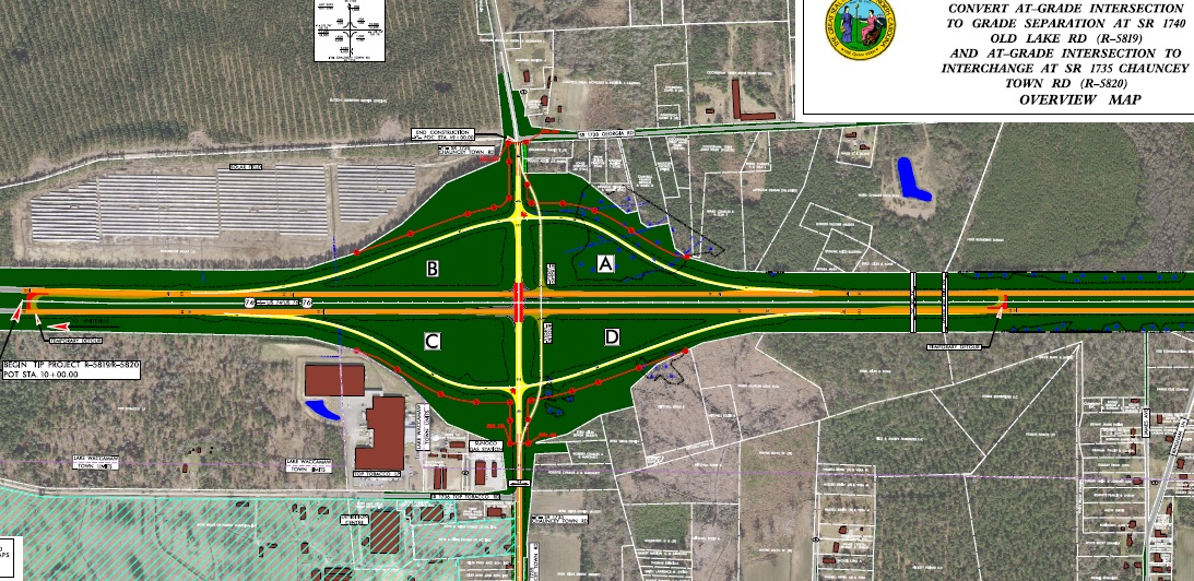 NCDOT plan for new Chauncey Town Rd interchange on Future I-74 near Whiteville