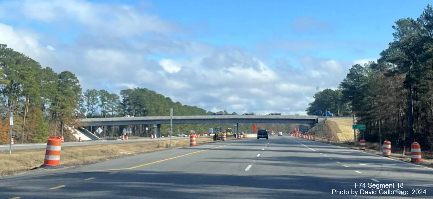 Image of nearly completed Old Lake Road bridge over US 74/76 (Future I-74) in Lake Waccamaw 
      in Columbus County, by David Gallo, December 2024