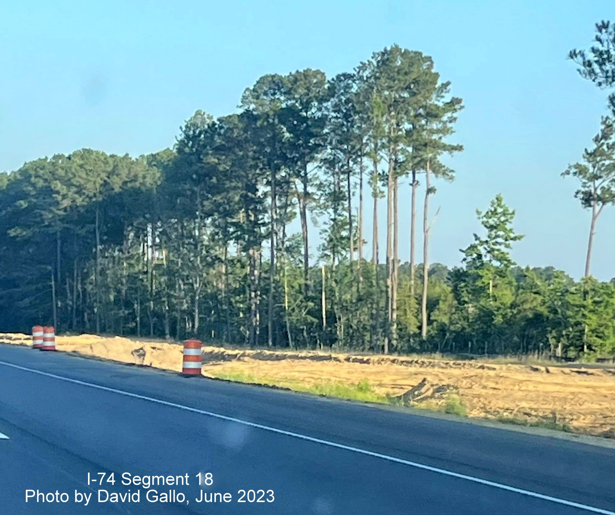 Image of future on-ramp from Chauncey Town Road being graded along US 74/76 (Future I-74) West
         in Lake Waccamaw, by David Gallo, June 2023