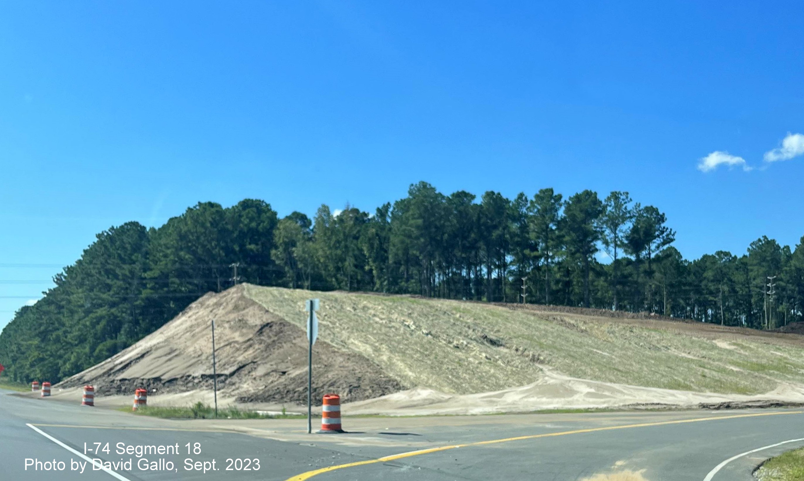 Image of the landscaping underway for future bridge to carry Chauncey Town Road over US 74/76 (Future I-74) West in Lake Waccamaw, David Gallo, September 2023