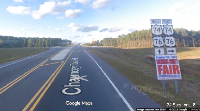 Image of US 74/76 trailblazer signs along Chauncey Town Road for new Lake 
	   Waccamaw exit on US 74/76 (Future I-74) in Columbus County, Google Maps Street View, October 2025