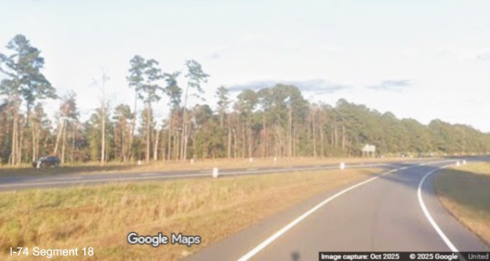 Image of ramp to US 74/76 East from Chauncey Town Road at new Lake 
	   Waccamaw exit on Future I-74 in Columbus County, Google Maps Street View, October 2025