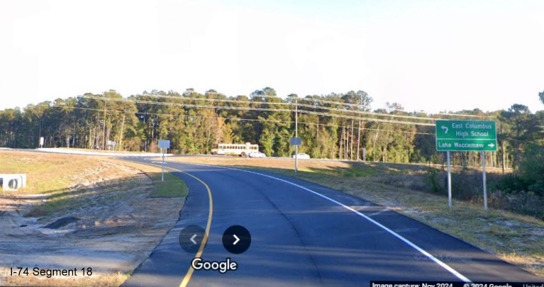 Image of nearing end of the off-ramp for the new Lake Waccamaw exit on US 74/76 (Future I-74) East, 
         Google Maps Street View, November 2024