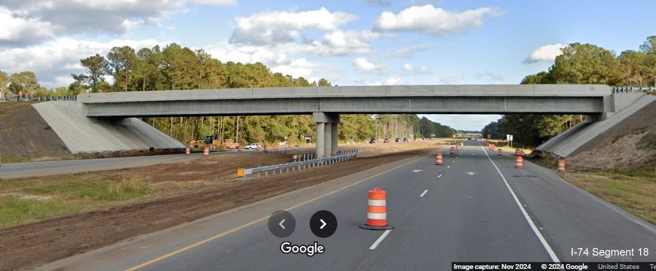 Image of new Lake Waccamaw exit bridge on US 74/76 (Future I-74) East, 
        Google Maps Street View, November 2024