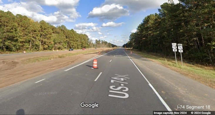 Image of West US 74/76 trailblazers after on-ramp from Lake Waccamaw exit on US 74/76 East, 
        Google Maps Street View, November 2024