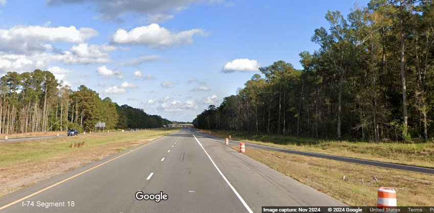 Image of approaching the new on-ramp from Lake Waccamaw exit on US 74/76 (Future I-74) East, 
        Google Maps Street View, November 2024