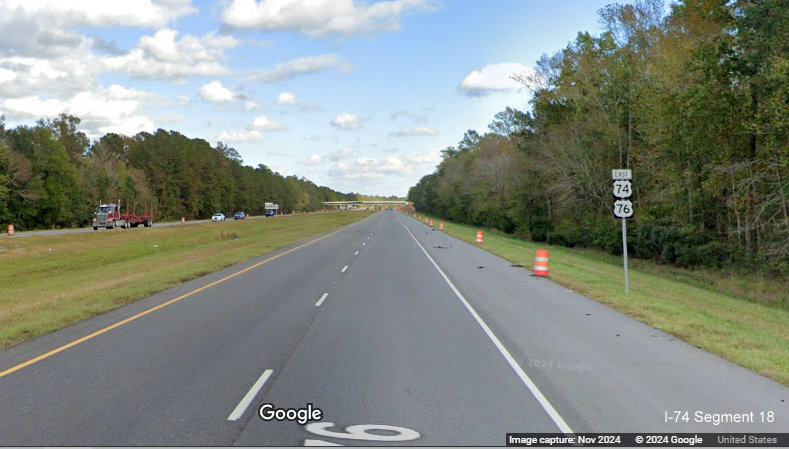 Image of East US 74/76 reassurance markers after on-ramp from Lake Waccamaw exit on Future I-74 East, 
        Google Maps Street View, November 2024