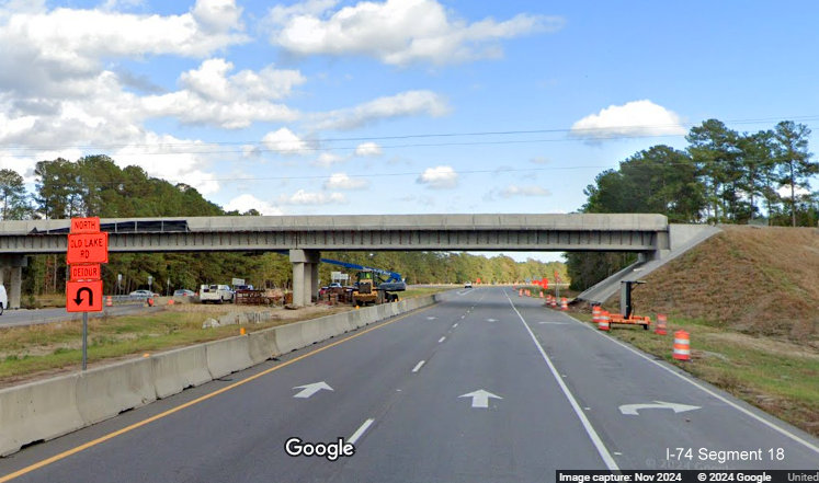 Image of the Old Lake Road bridge under construction on US 74/76 (Future I-74) East in Lake Waccamaw, 
        Google Maps Street View, November 2024