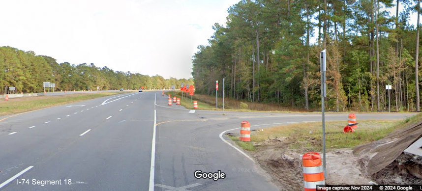 Image of existing Old Lake Road intersection on US 74/76 (Future I-74) East in Lake Waccamaw, 
        Google Maps Street View, November 2024