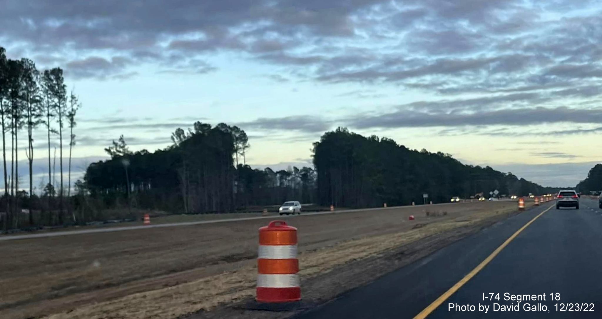 Image of graded median in Lake Waccamaw interchange work zone on US 74/76 (Future I-74) East, by David Gallo, December 2022