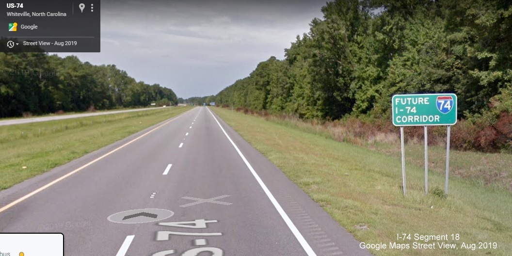 Image of Future I-74 Corridor sign on US 74/76 West, Whiteville Bypass, Google Maps Street View images, August 2019