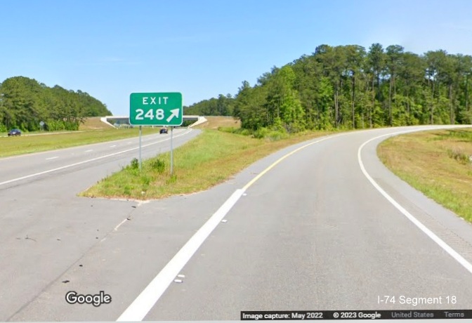 Image of gore sign for new Hallsboro Road exit on US 74/76 (Future I-74) East, Google Maps Street View, May 2022