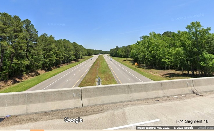 Image of US 74/76 (Future I-74) East freeway in Supply from NC 211 bridge looking east, Google Maps Street View image, May 2022