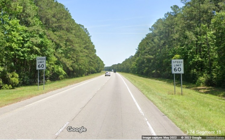 Image of speed limit 60 signs marking the end of the US 74/76 (Future I-74) Freeway east of Hallsboro Road, Google Maps Street View image, May 2022